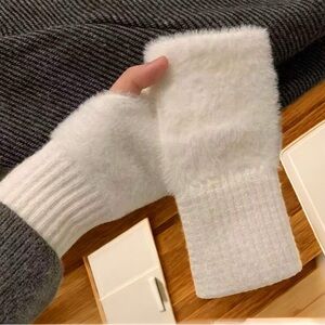 Elegant White Fuzzy Fingerless Gloves